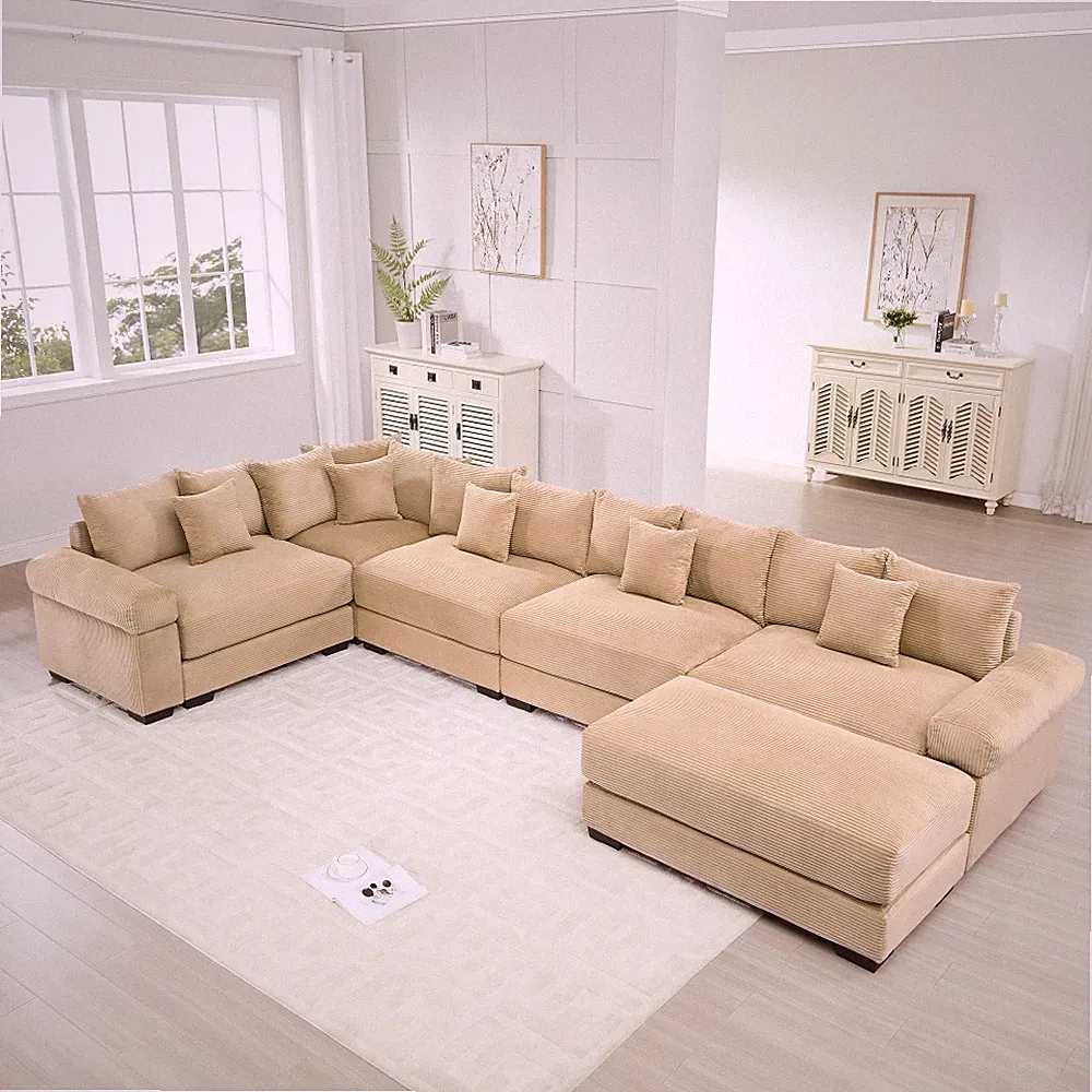 Corduroy Camel Modular Sectional Sofa w/Ottoman, Thick Wide Armrests