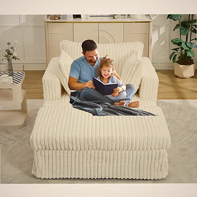 Corduroy Chaise Longue with Ottoman 47.7" Oversized Reclining Chair Beige