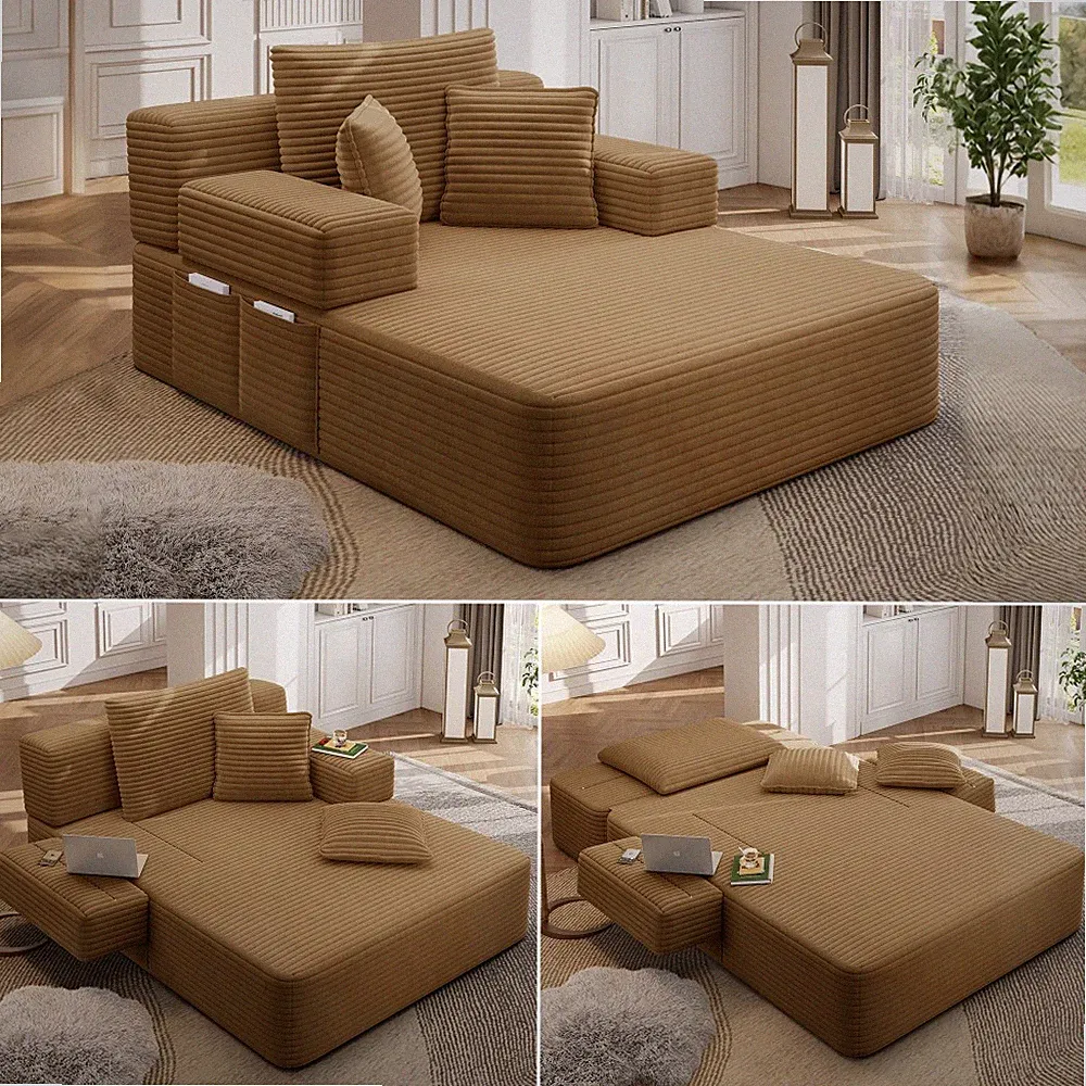 Corduroy Chaise Lounge Sofa Bed with Pillows, Camel, 60.2" L
