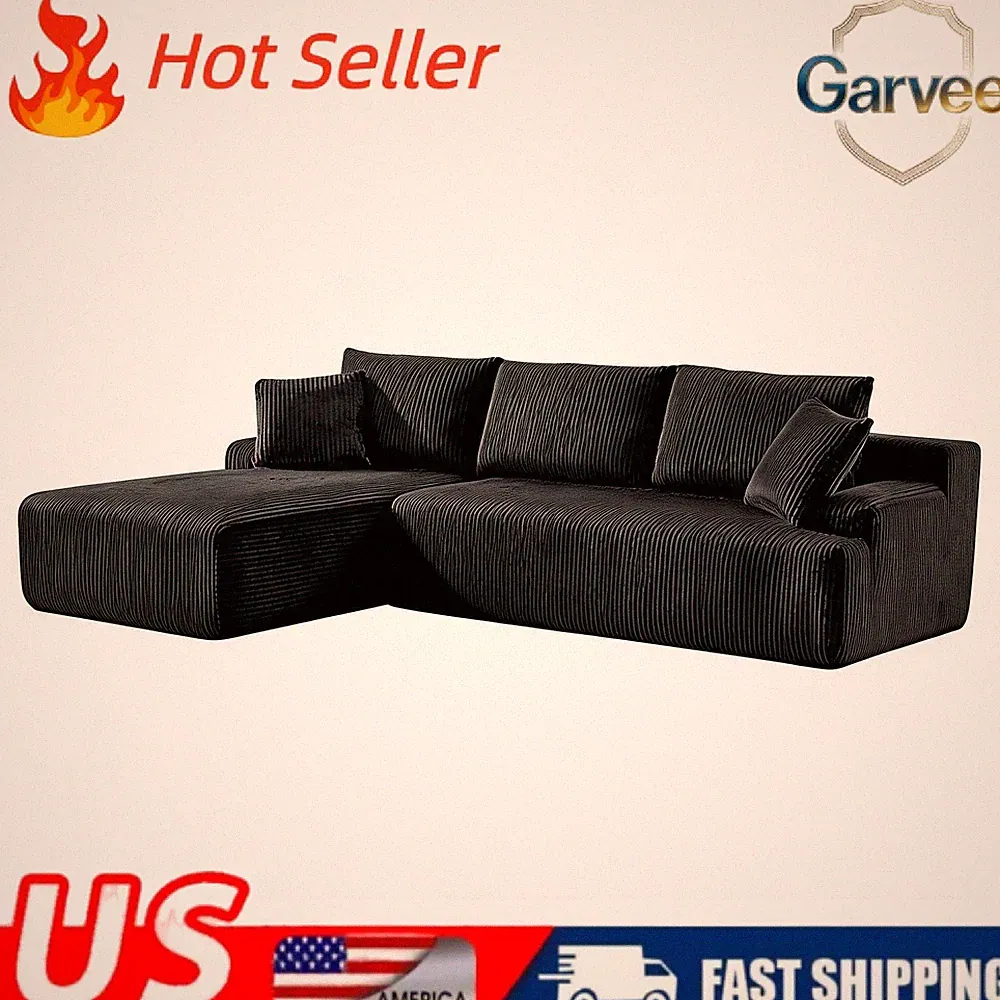 Corduroy Cloud Couch L-Shape Boneless, Left Facing Chaise, 3-Seat Sectional Sofa