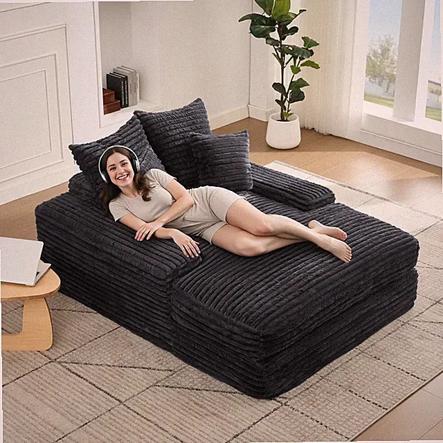 Corduroy Convertible Chaise Lounge Sofa Bed with Pillows, Grey