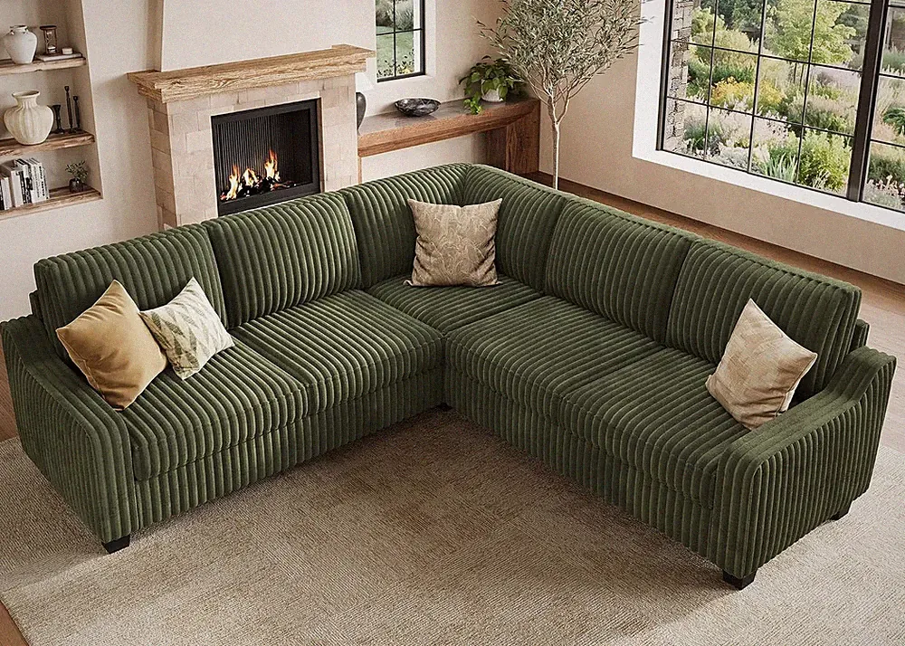 Corduroy Convertible Sectional Sofa L Shaped Corner Couch,Green