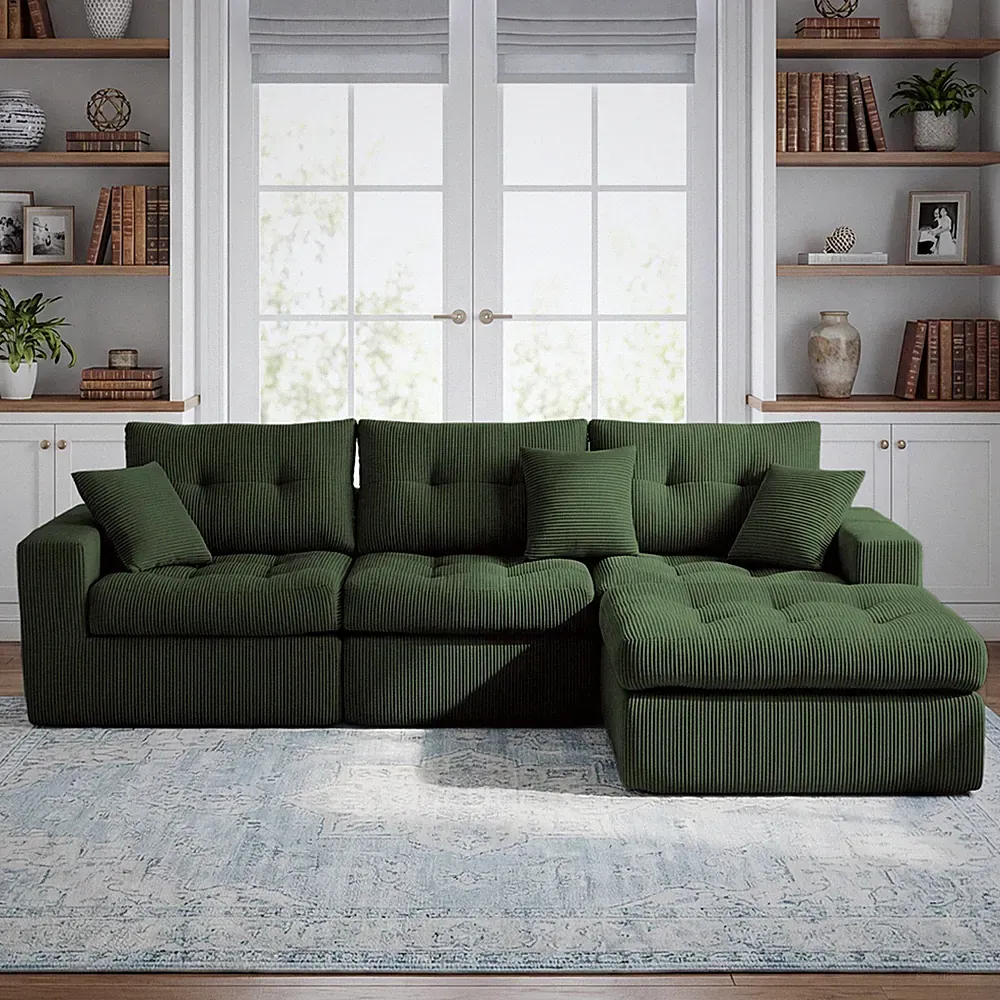 Corduroy Convertible Sleeper Sofa Bed L-Shaped Sectional w/ Chaise, Green