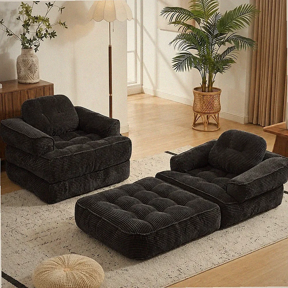 Corduroy Convertible Sofa Bed, 66.9" Folding Boneless Bed with Pillows, Black