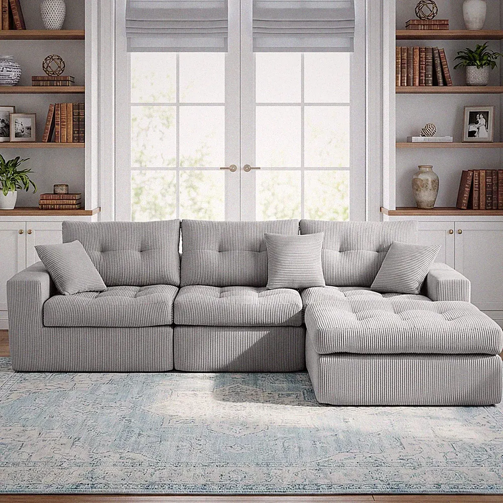 Corduroy Corner Chaise Compression Sofa Bed,L-Shaped Sectional Couch w/High