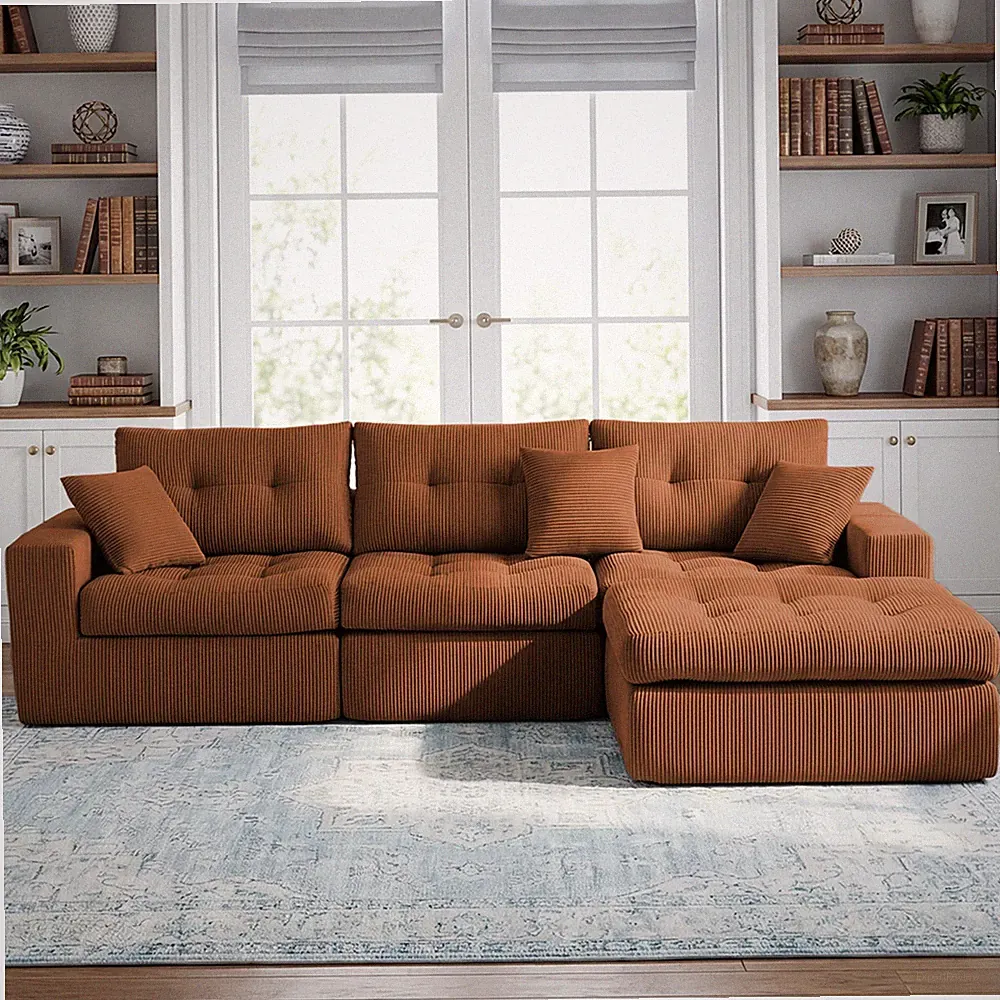 Corduroy Corner Chaise Compression Sofa Bed,L-Shaped Sectional Couch w/High-D