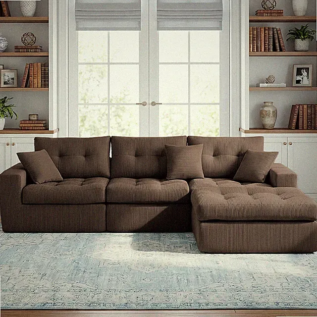 Corduroy Corner Chaise Compression Sofa Bed,L-Shaped Sectional Couch w/High-De
