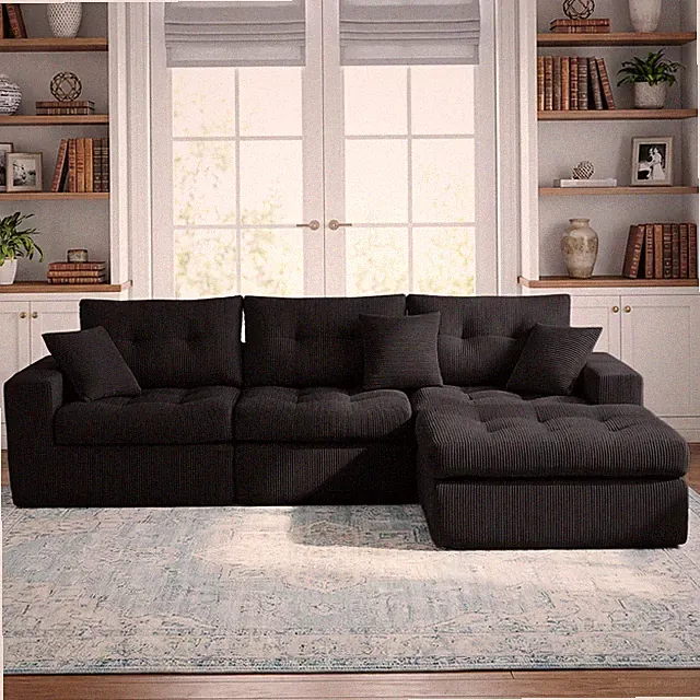 Corduroy Corner Chaise Compression Sofa Bed,L-Shaped Sectional Couch w/High-Den