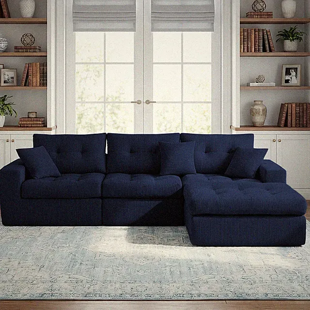 Corduroy Corner Chaise Compression Sofa Bed,L-Shaped Sectional Couch w/High-Dens