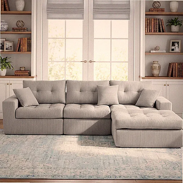Corduroy Corner Chaise Compression Sofa Bed, L-Shaped Sectional Couch with Hig