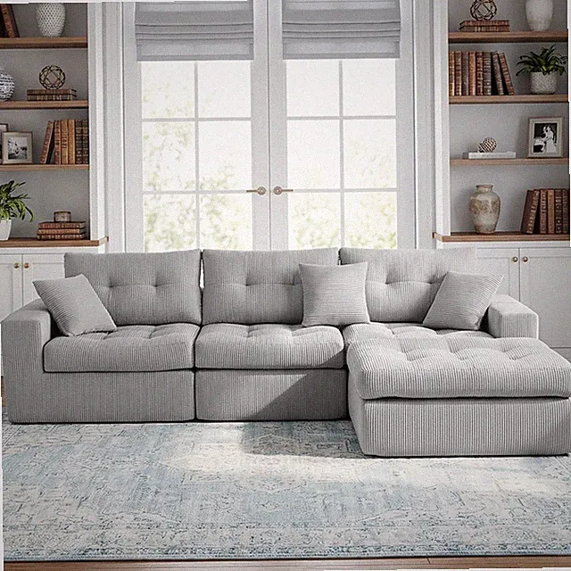Corduroy Corner Chaise Compression Sofa Bed, L-Shaped With High-Density Sponge