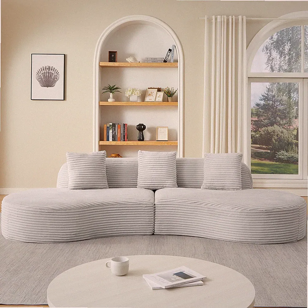 Corduroy Curved Sectional Sofa 4-Seat Light Grey 123.2"L x 52.8"W
