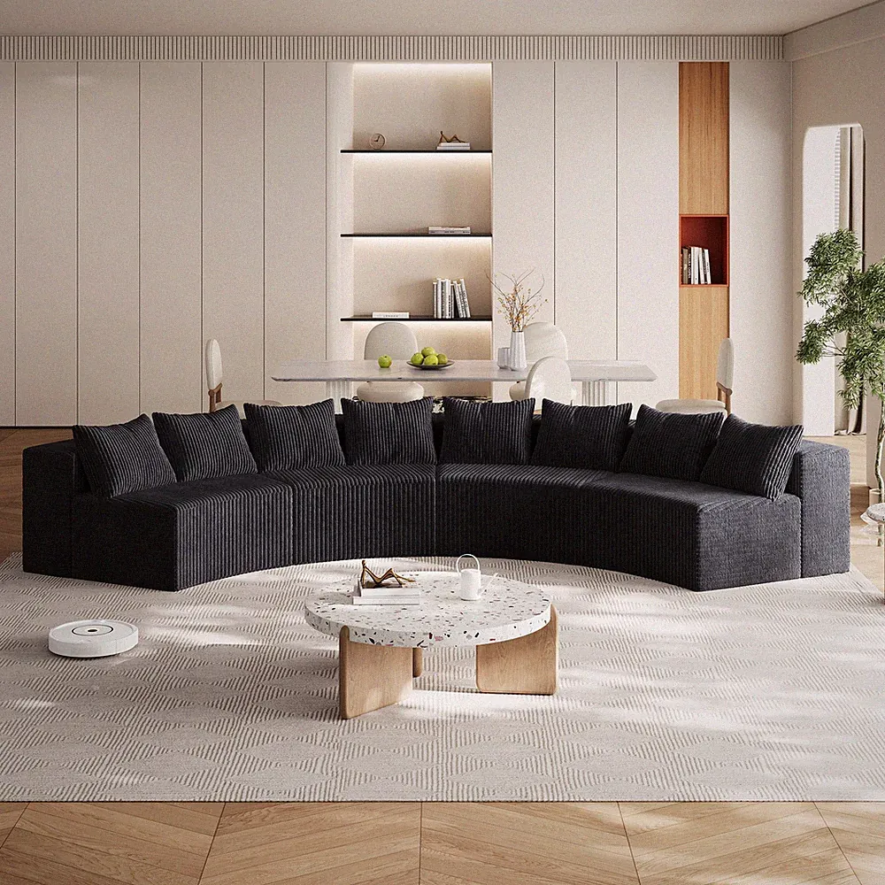 Corduroy curved sectional sofa with 8 pillows,Curved Symmetrical Modular Semi Ci