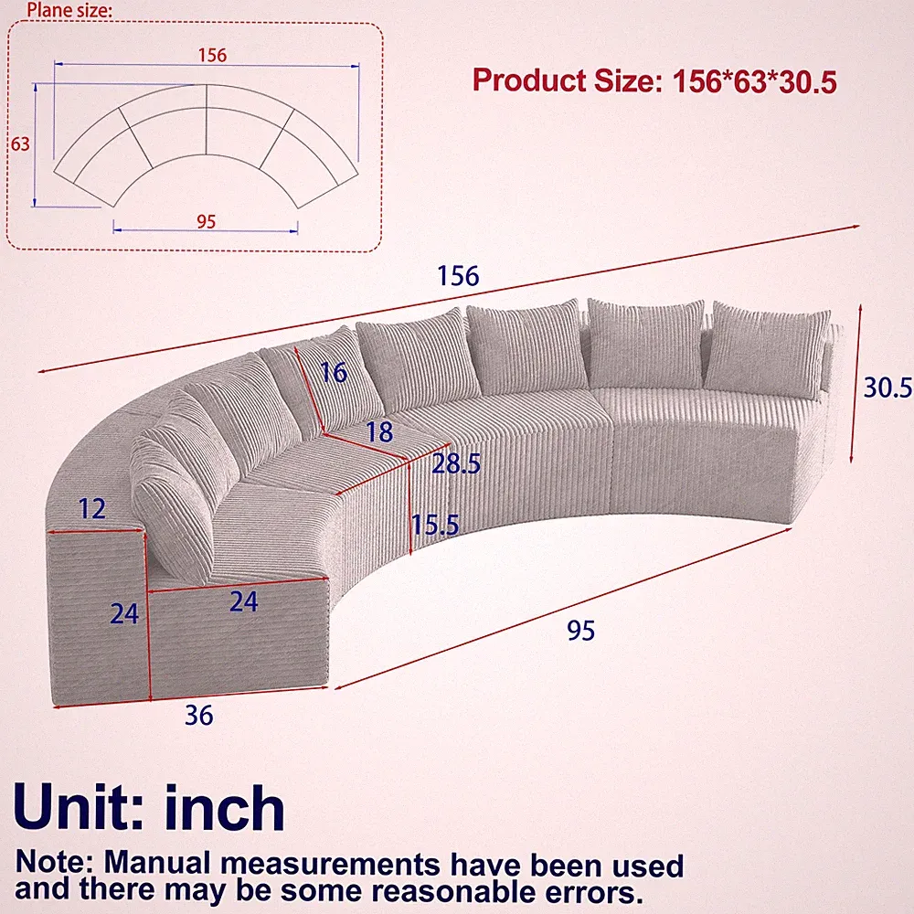 Corduroy curved sectional sofa with 8 pillows,Curved Symmetrical Modular Semi