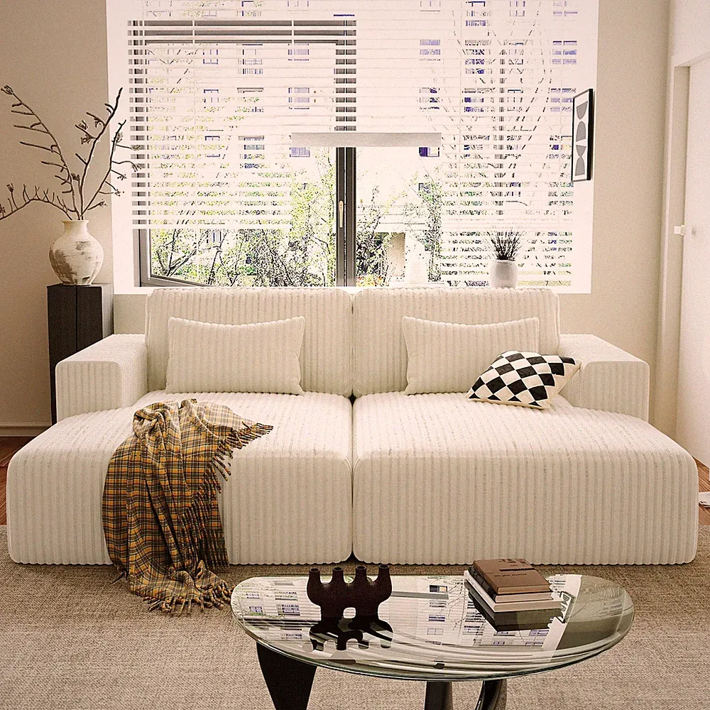 Corduroy Double Sofa Bed with 2 Pillows, White Sectional
