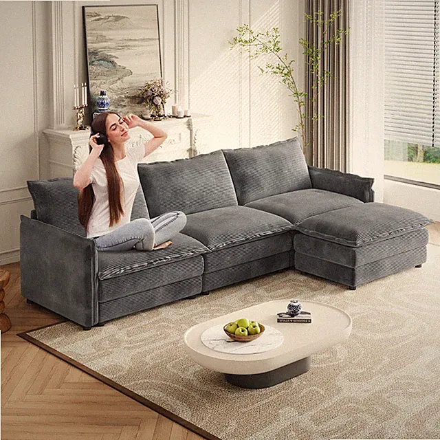 Corduroy Fabric 3-Seater Comfy Cloud Couch with Movable Footrest for Living Ro