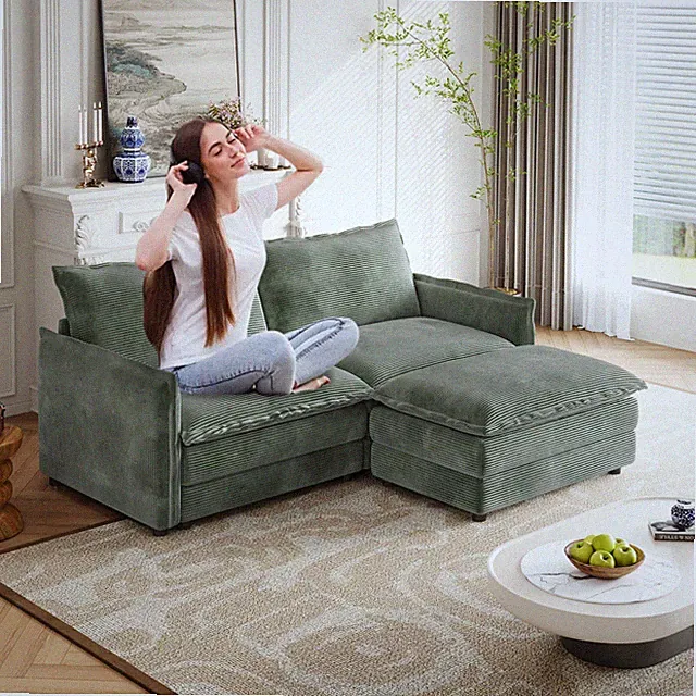 Corduroy Fabric Loveseat Sofa Couch with 1 Footrest for Living Room,2 Seater L