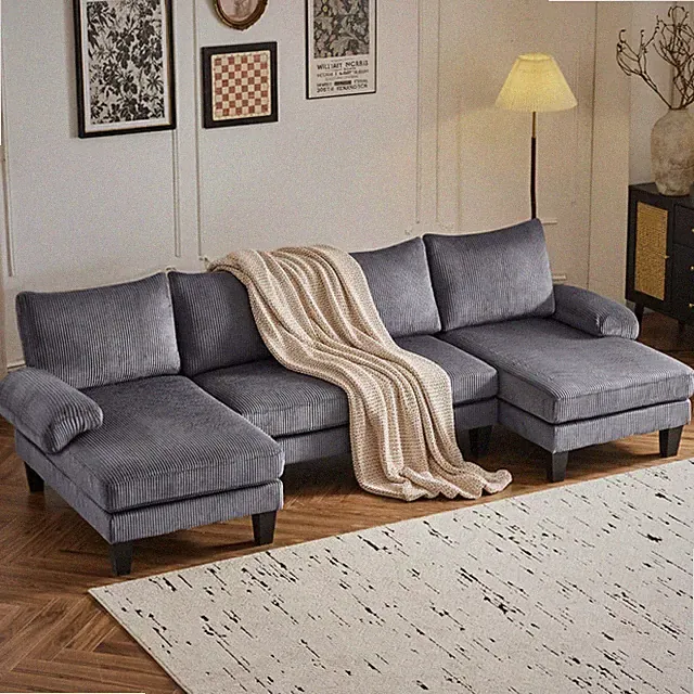 Corduroy Fabric Upholstered Covertible Couch with Wood Grain Legs for Apartment