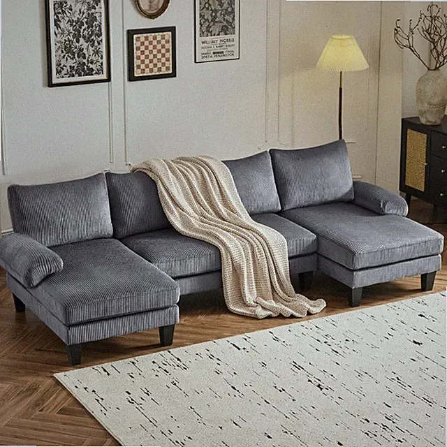 Corduroy Fabric Upholstered Covertible Couch with Wood Grain Legs for Apartment