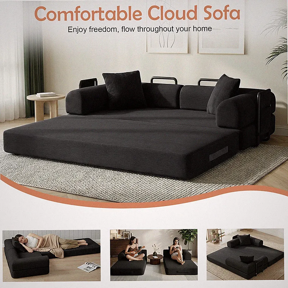 Corduroy Folding Sofa Bed w/ Zipper & Side Pockets Washable Solid Steel Support