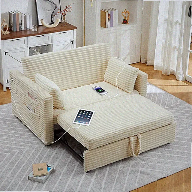 Corduroy Futon Sofa Bed with Adjustable Backrest & Charging Stations, White