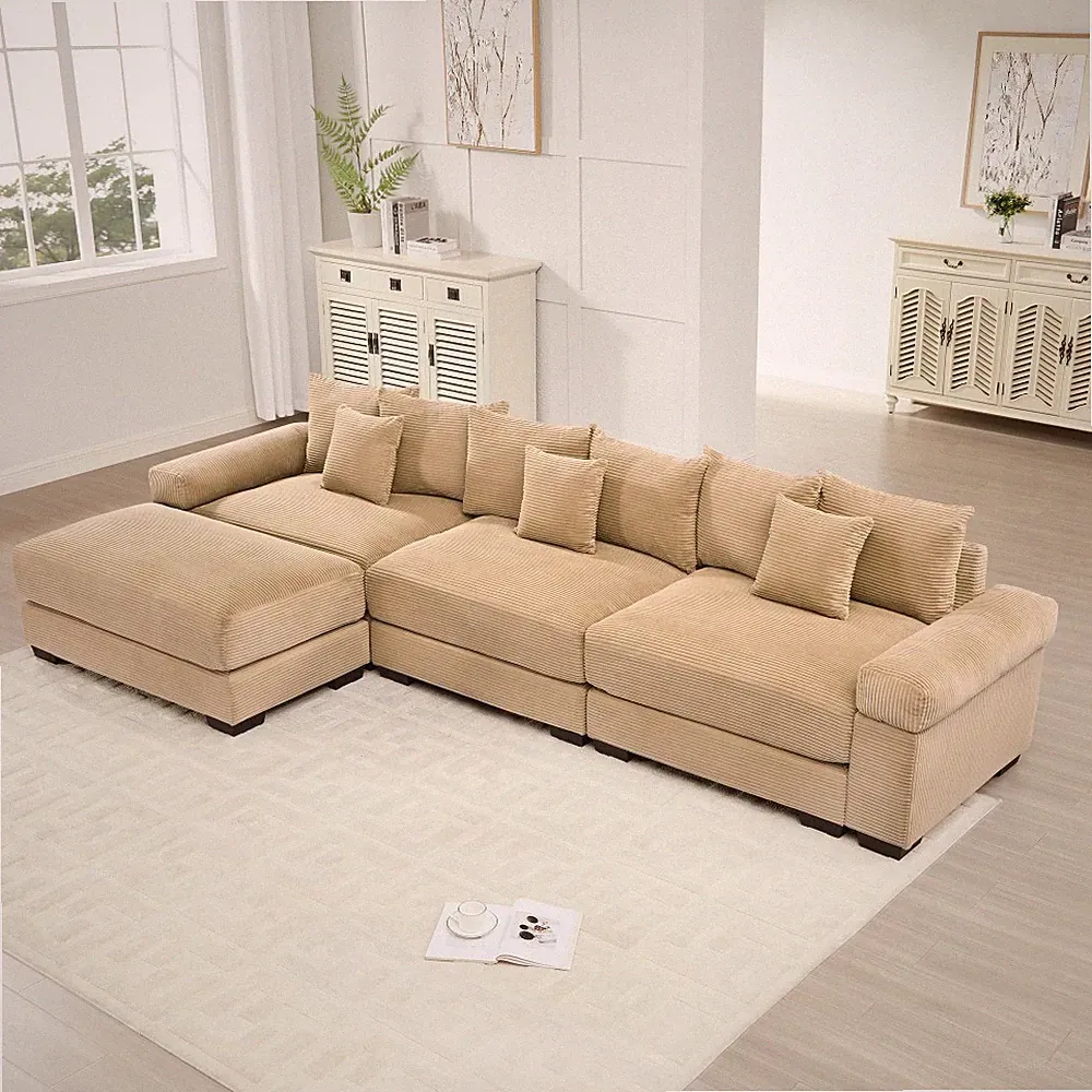 Corduroy L-Shape Sectional Couch with Ottoman, Deep Seat & Wide Armrests