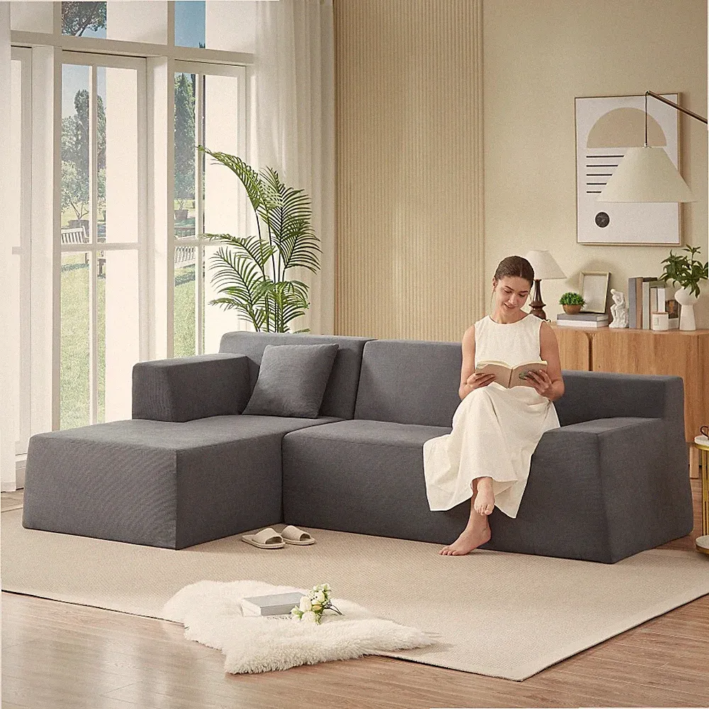 Corduroy L Shaped Sectional Sofa Left Chaise High Back Modern Couch w/Pillows