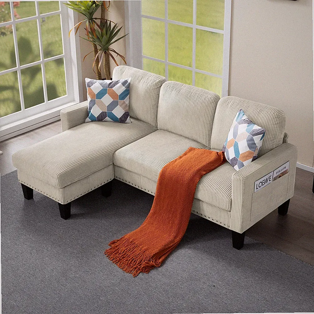 Corduroy L-Shaped Sectional Sofa Reversible Ottoman Nailhead Trim w/2 Pillows