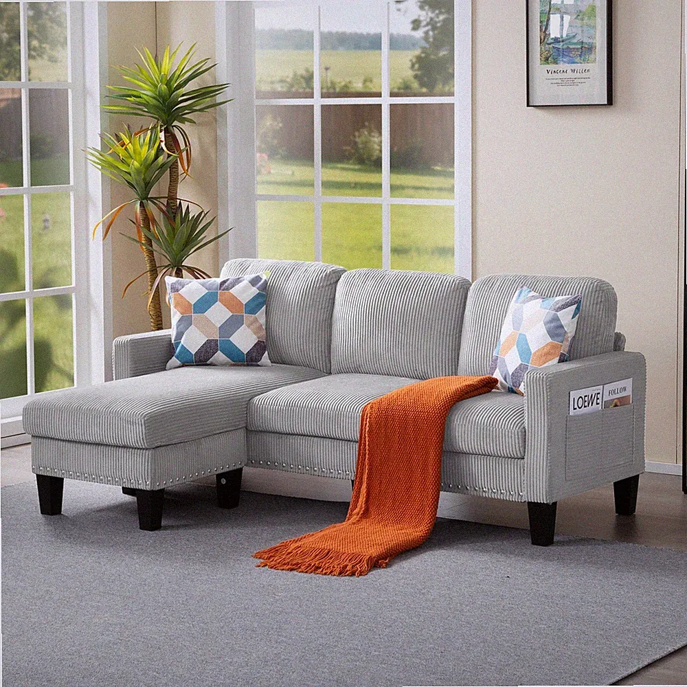 Corduroy L-Shaped Sectional Sofa Reversible Ottoman Nailhead Trim w/2 Pillows