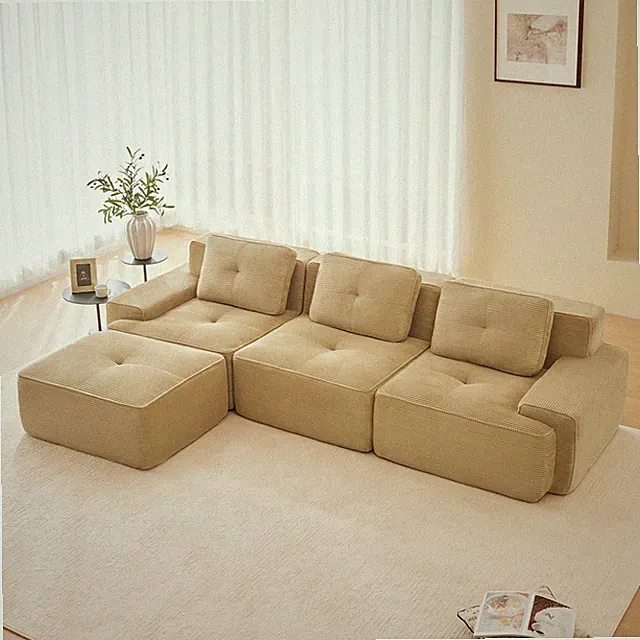 Corduroy L-Shaped Sectional Sofa w/ Ottoman, 3-Seat Couch, Camel Color