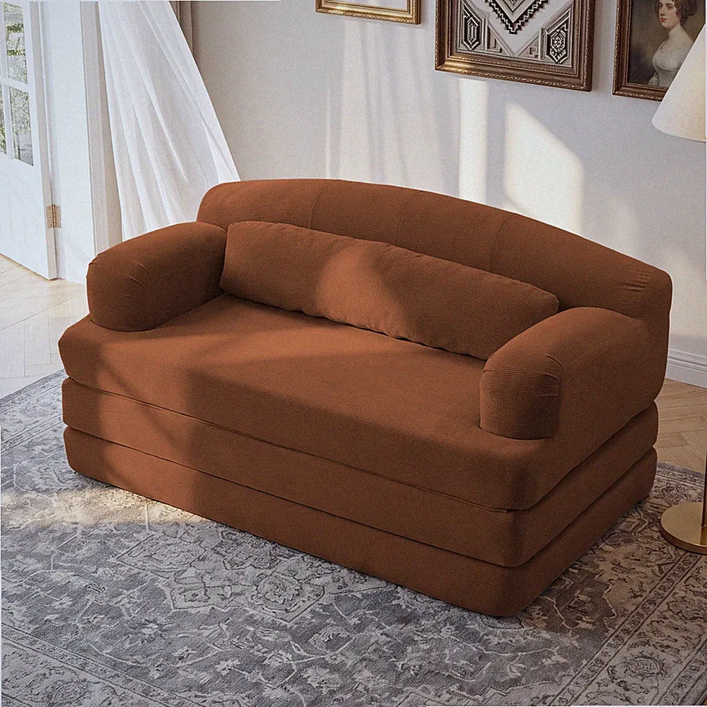 Corduroy Loveseat Sleeper Sofa Bed - Foldable Convertible Couch (Orange)