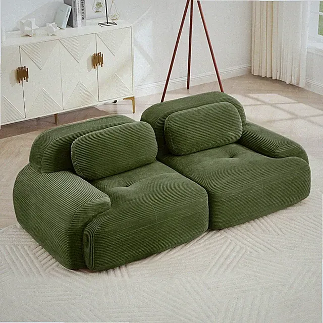 Corduroy Loveseat Sofa, Olive Green, Curved Armrests, Non-Slip Design