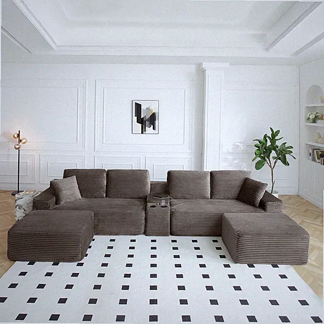 Corduroy Modular L-Shape Sectional Sofa with Cup Holders & USB Ports in Camel