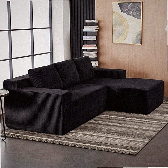 Corduroy Modular L Shaped Sectional Sofa, 3-Seat Upholstered Floor Couch, Black