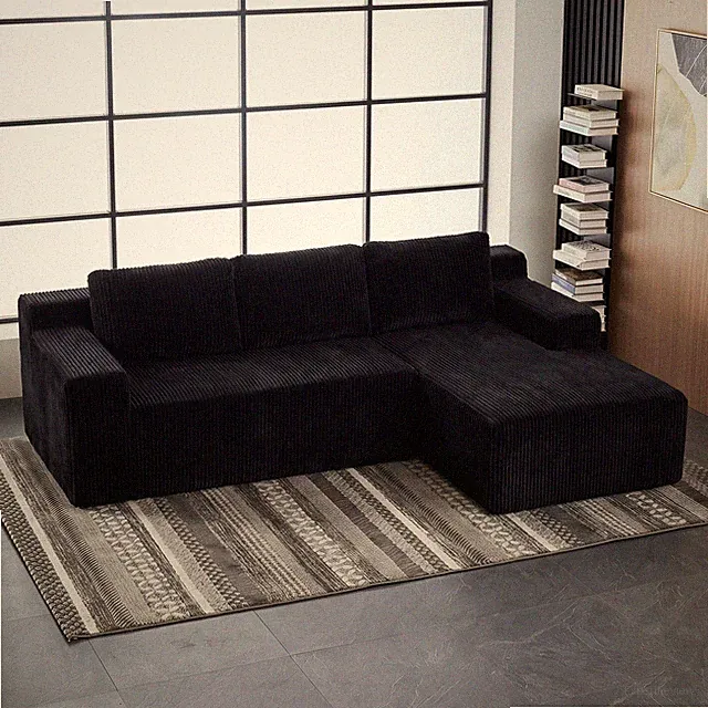 Corduroy Modular L-Shaped Sectional Sofa, Foam-Filled, Black