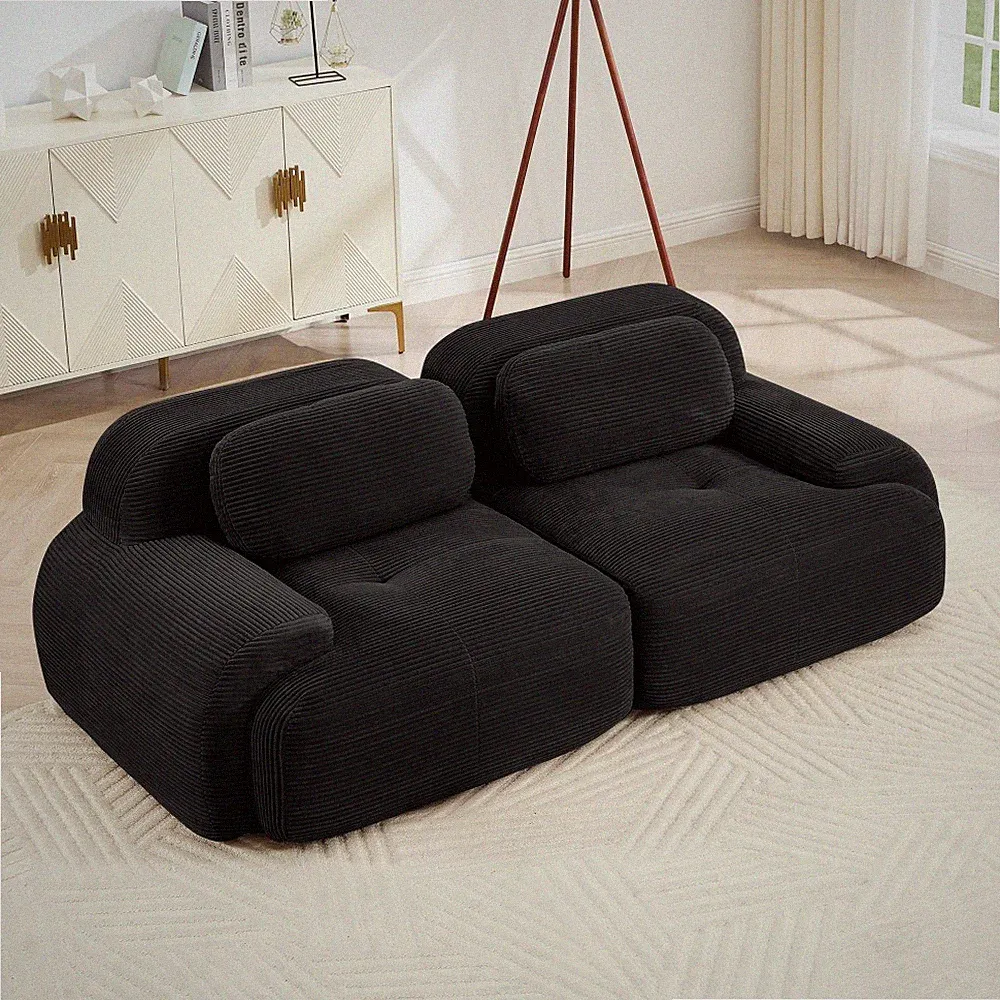 Corduroy Modular Loveseat, 2-Seat Sofa with Curved Arms & Non-Slip Base, Black