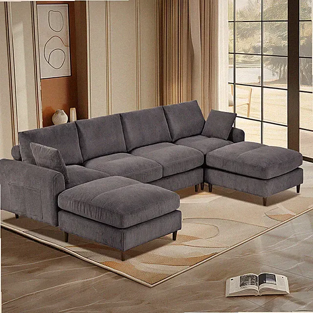 Corduroy Modular Section Sofa U-shaped Convertible L-shaped Sofa Set with Pillow