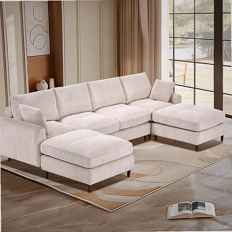 Corduroy Modular Section Sofa U-shaped Convertible L-shaped Sofa Set with Pillow