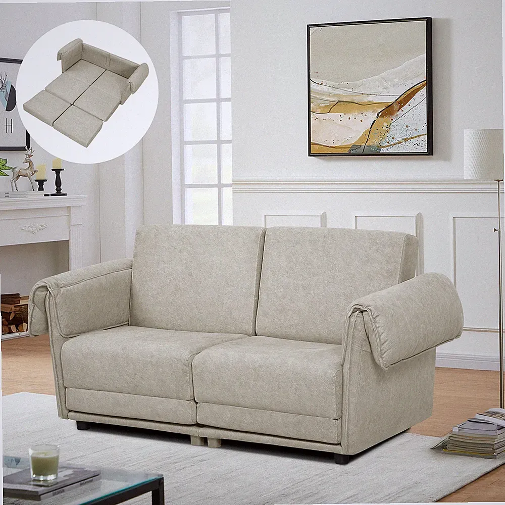 Corduroy Modular Sectional Loveseat Sofa with Ottoman, Beige