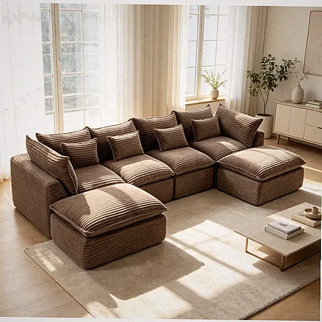 Corduroy Modular Sectional Sofa 4 Seat 2 Ottoman 129.8" Wide