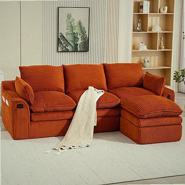 Corduroy Modular Sectional Sofa L Shaped Boneless Couches Movable Footstool