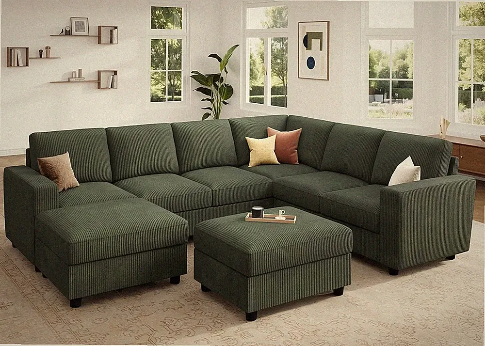 Corduroy Sectional Couch with Storage, 8 Seater U Shaped Sectional Sofa Sectiona
