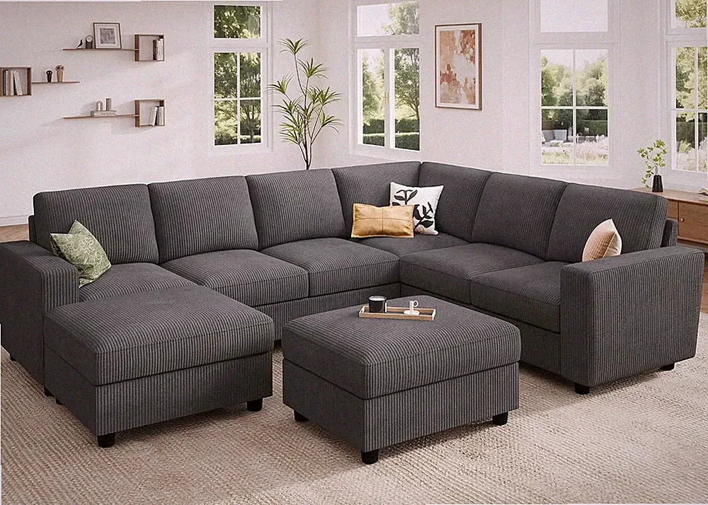 Corduroy Sectional Couch with Storage, U Shaped Sectional Sofa, 8 Seater Section