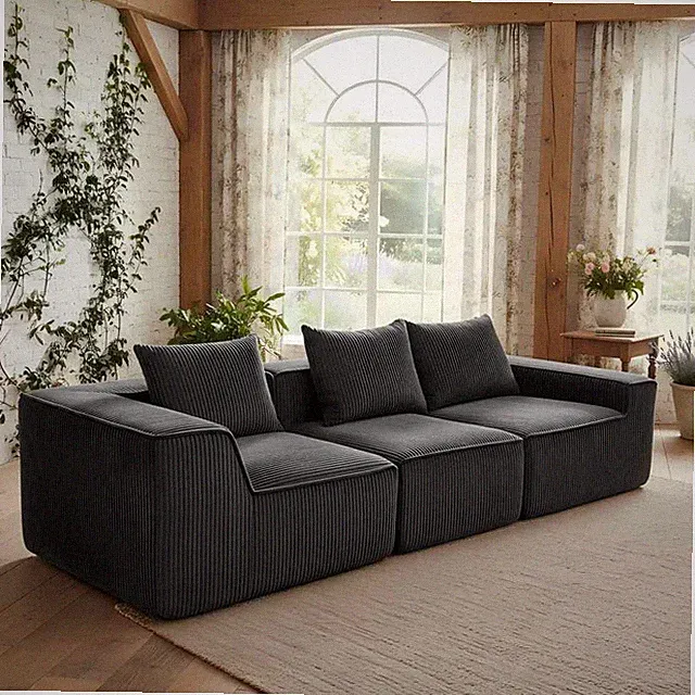 Corduroy Sectional Sofa, 3 Seat Deep Seating Low Profile Dark Gray