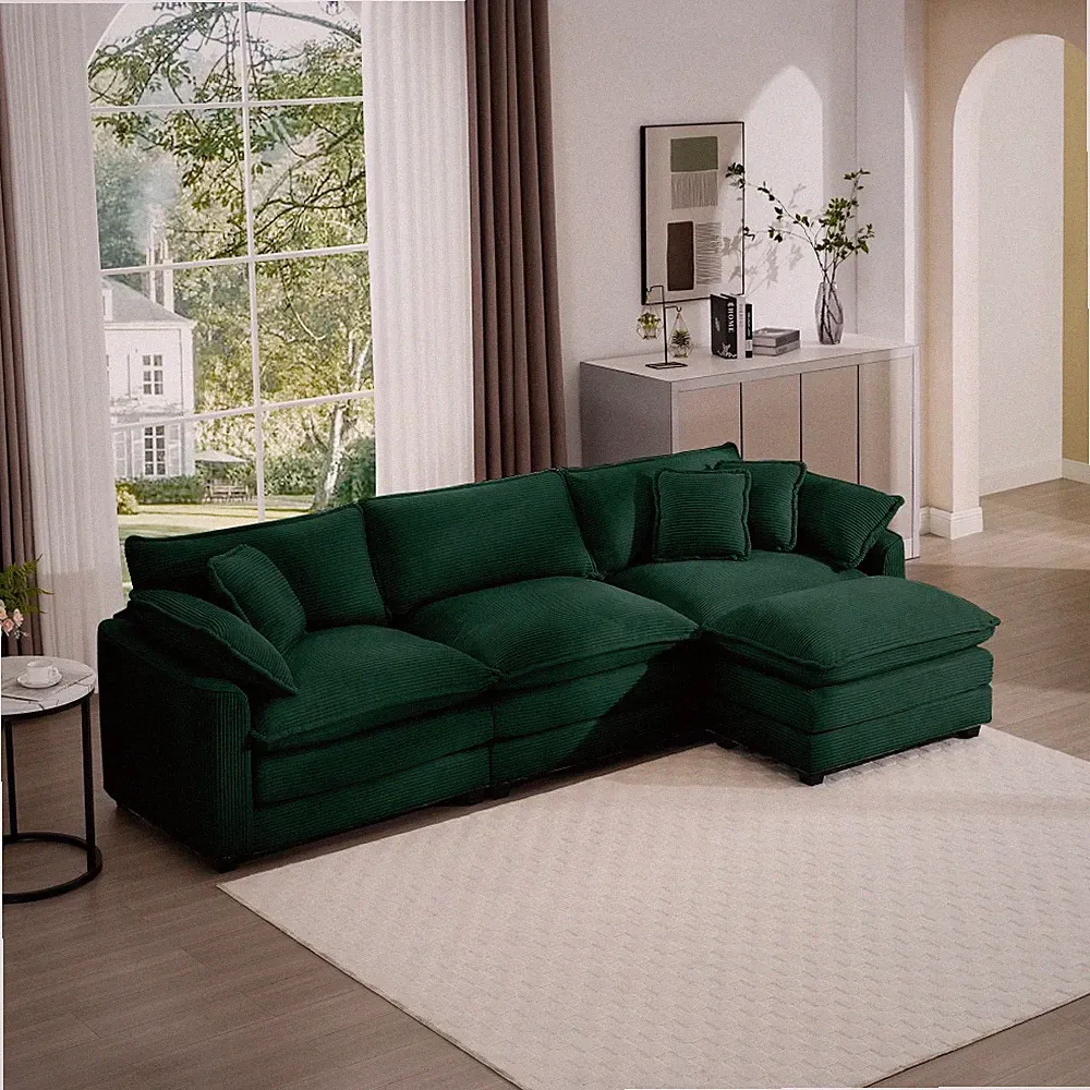 Corduroy Sectional Sofa 3 Seater w/ Ottoman L-Shape for Small Living Rooms Green