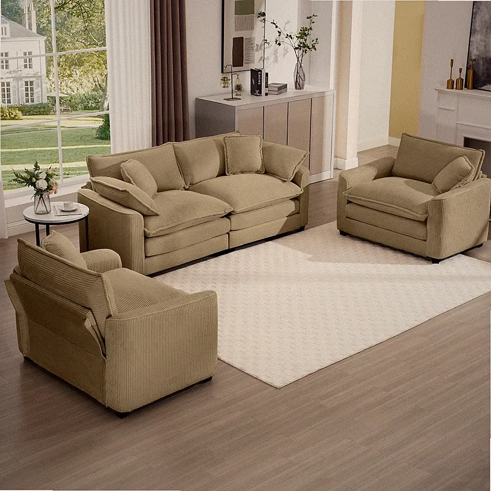 Corduroy Sectional Sofa 4-Piece Set, Tan, w/Chaise & Pillows, Home Theater Style