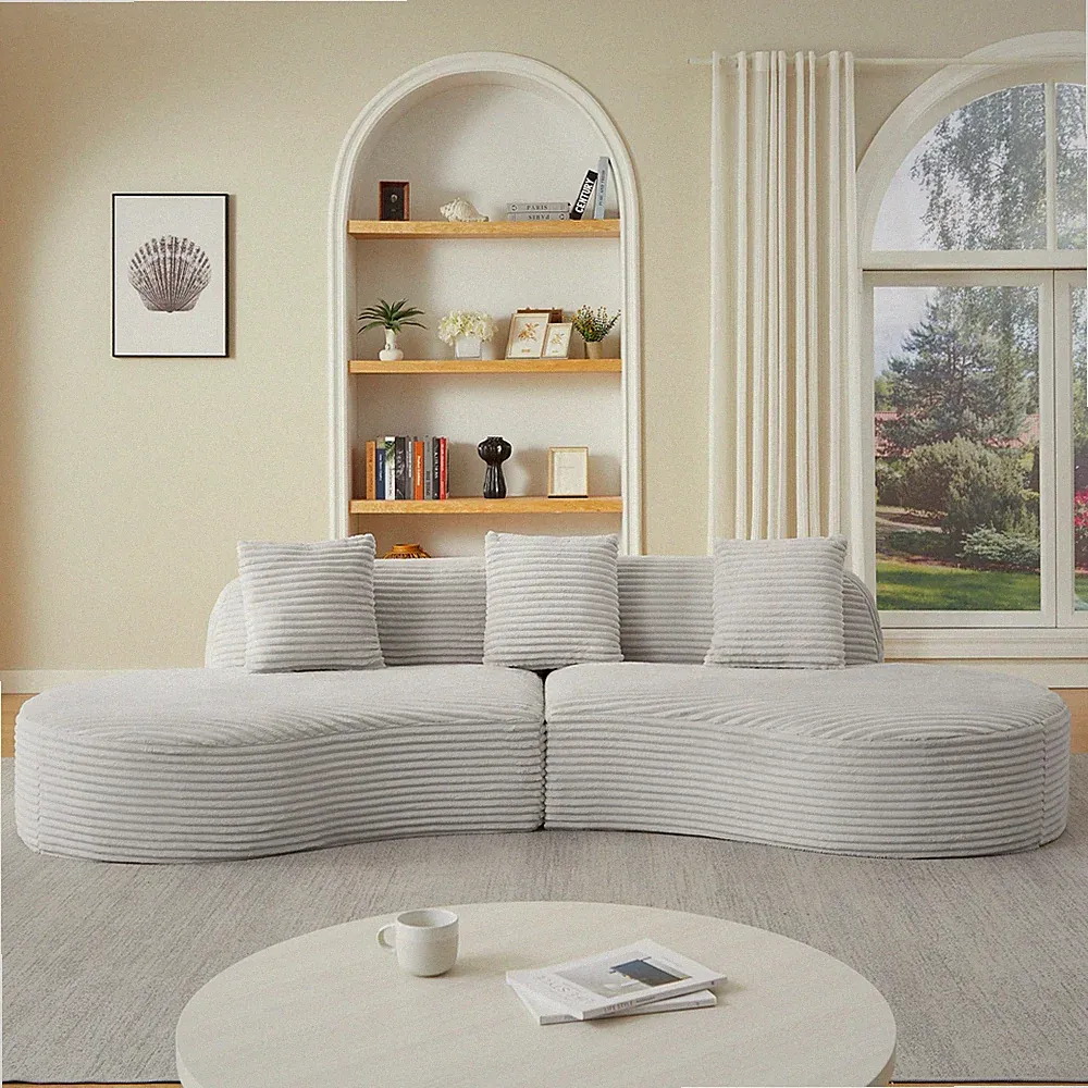 Corduroy Sectional Sofa 4 Seat Light Grey 123.2" L x 52.8" W