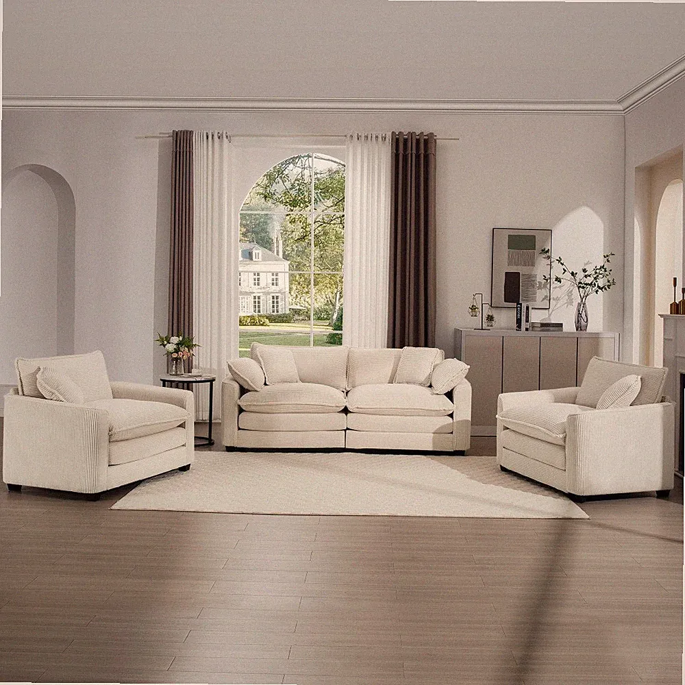 Corduroy Sectional Sofa Set w/ Memory Foam, Light Beige, 4-Seat Home Theater