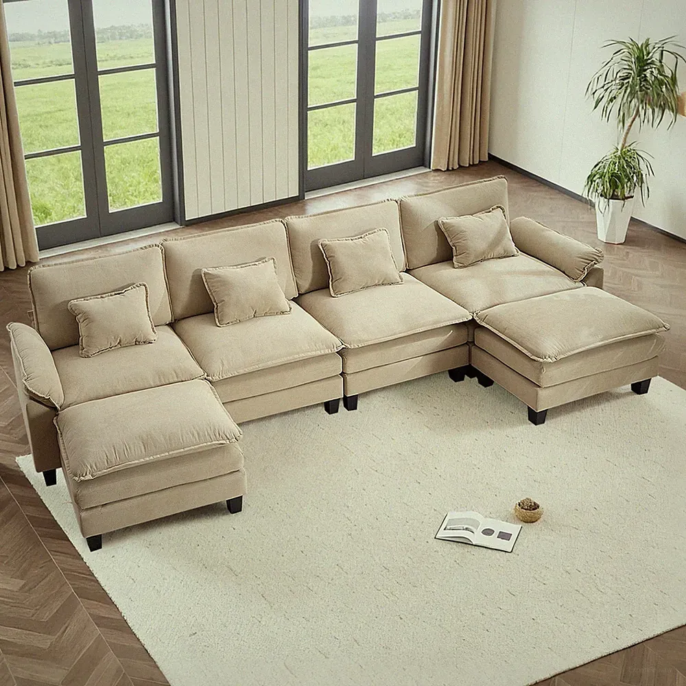 Corduroy Sectional Sofa Set with Ottoman&Pillows for Home Furniture Living Room