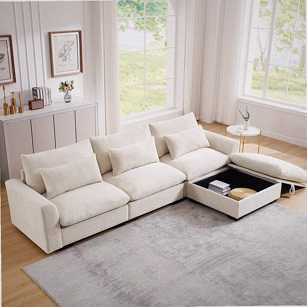Corduroy Sectional Sofa w/ Storage Ottoman, L-Shape Couch for Living Room, Beige